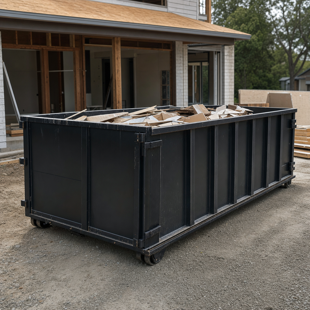 Large matte-black 30-yard construction roll-off dumpster at an active Providence jobsite, steel-gray top rails and bottom rollers visible, loaded with construction debris.