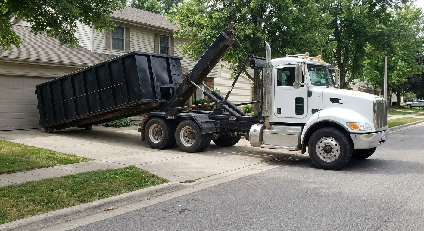 White-cab hooklift roll-off truck actively lowering a matte-black dumpster onto a Providence residential concrete driveway, the dumpster's rear wheels touching the driveway as the hoist arm tilts the bed forward, mid-morning daylight.