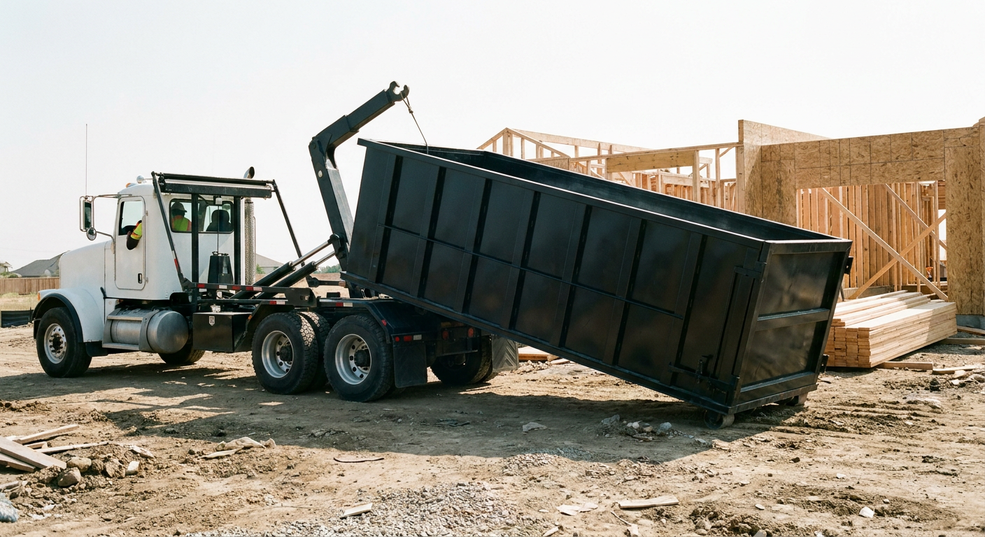 Matte-black roll-off dumpster being delivered onto a clean residential concrete driveway in Providence by an unmarked white hooklift hauler truck, bright morning daylight, documentary 35mm perspective.